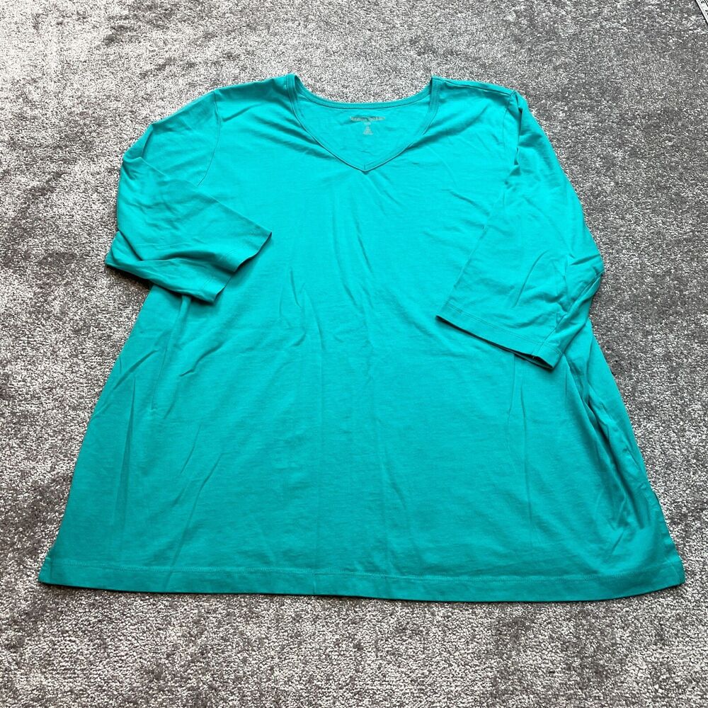 Woman Within Shirt Womens Plus Size 1X 22/24 Petite Blue Long Sleeve V Neck Top